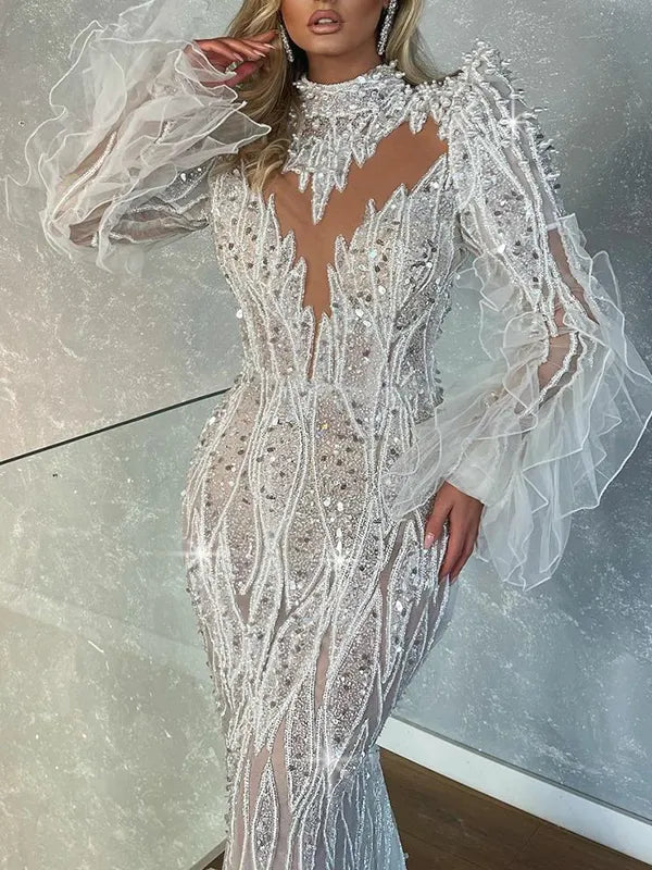 Sexy Stand Collar Lace See-Through Hollow Feathers Wrap Wedding Maxi Dress