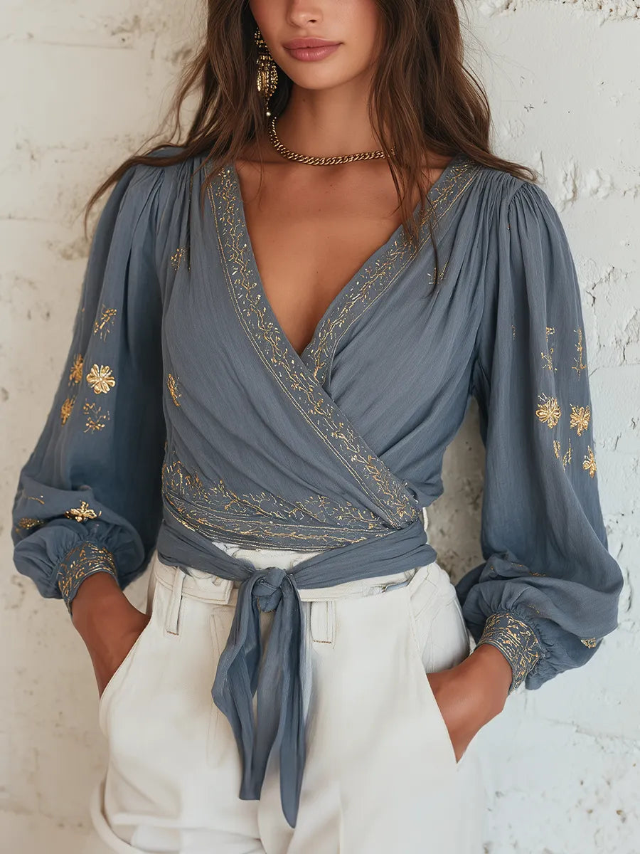 Sophisticated Slate Blue Embroidered Wrap Blouse