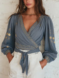 Sophisticated Slate Blue Embroidered Wrap Blouse