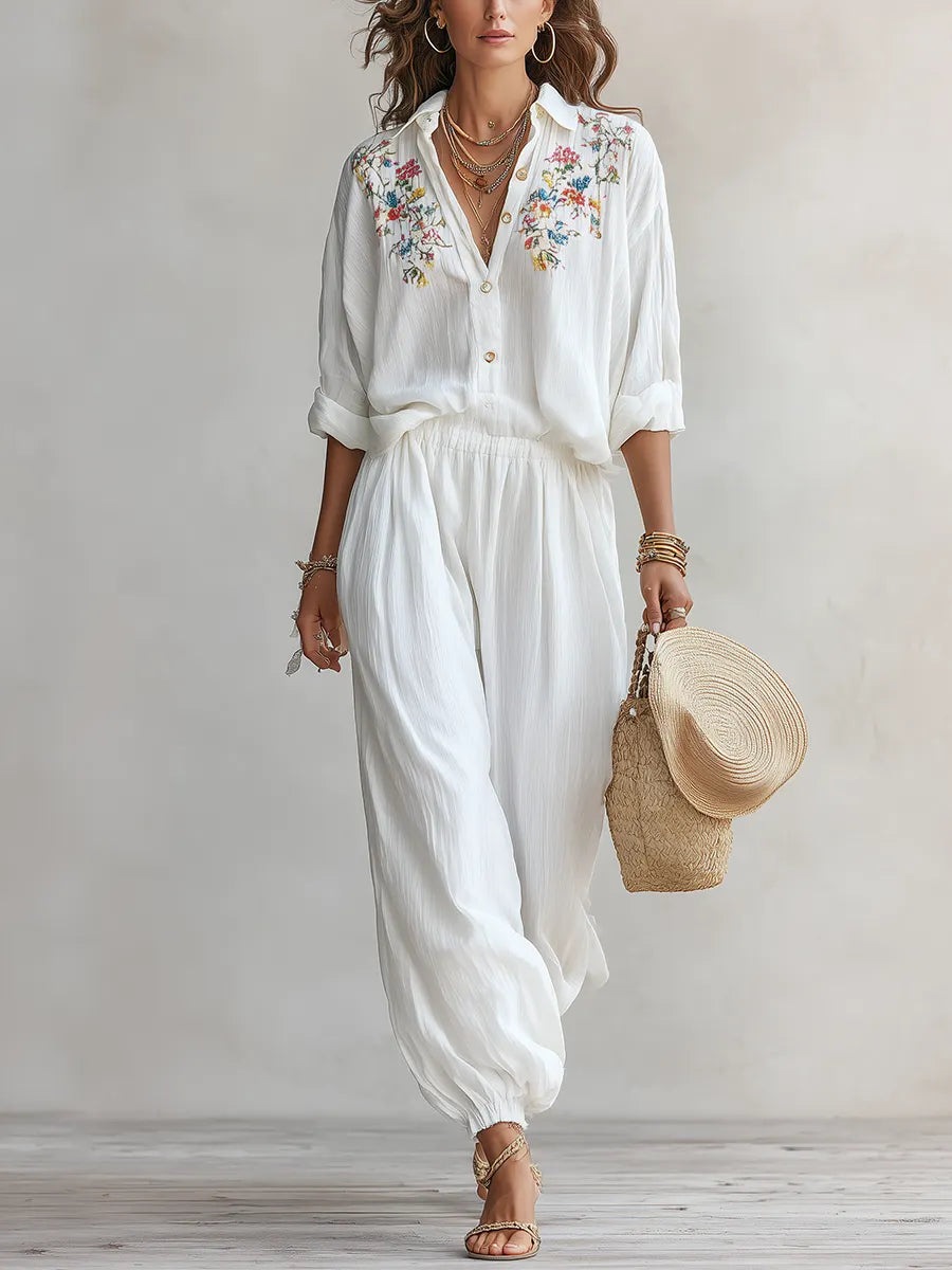 Bohemian Floral Embroidered Shirt And Trouser Suit