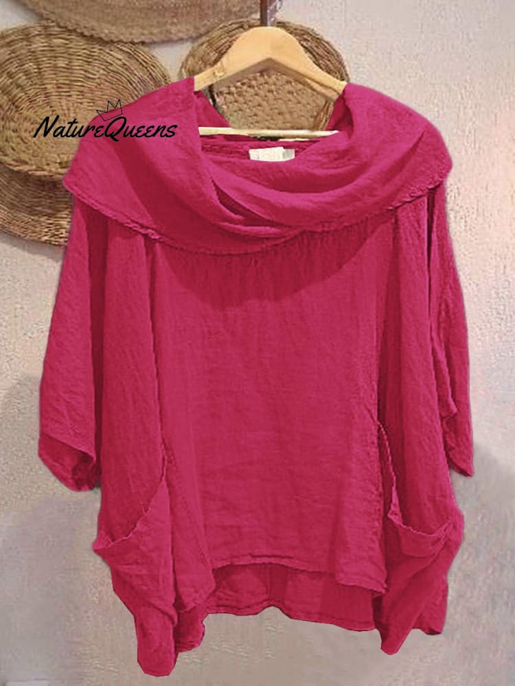 Women's Solid Color Draped Neck 3/4 Sleeve Comfortable Casual Linen Pocket Top