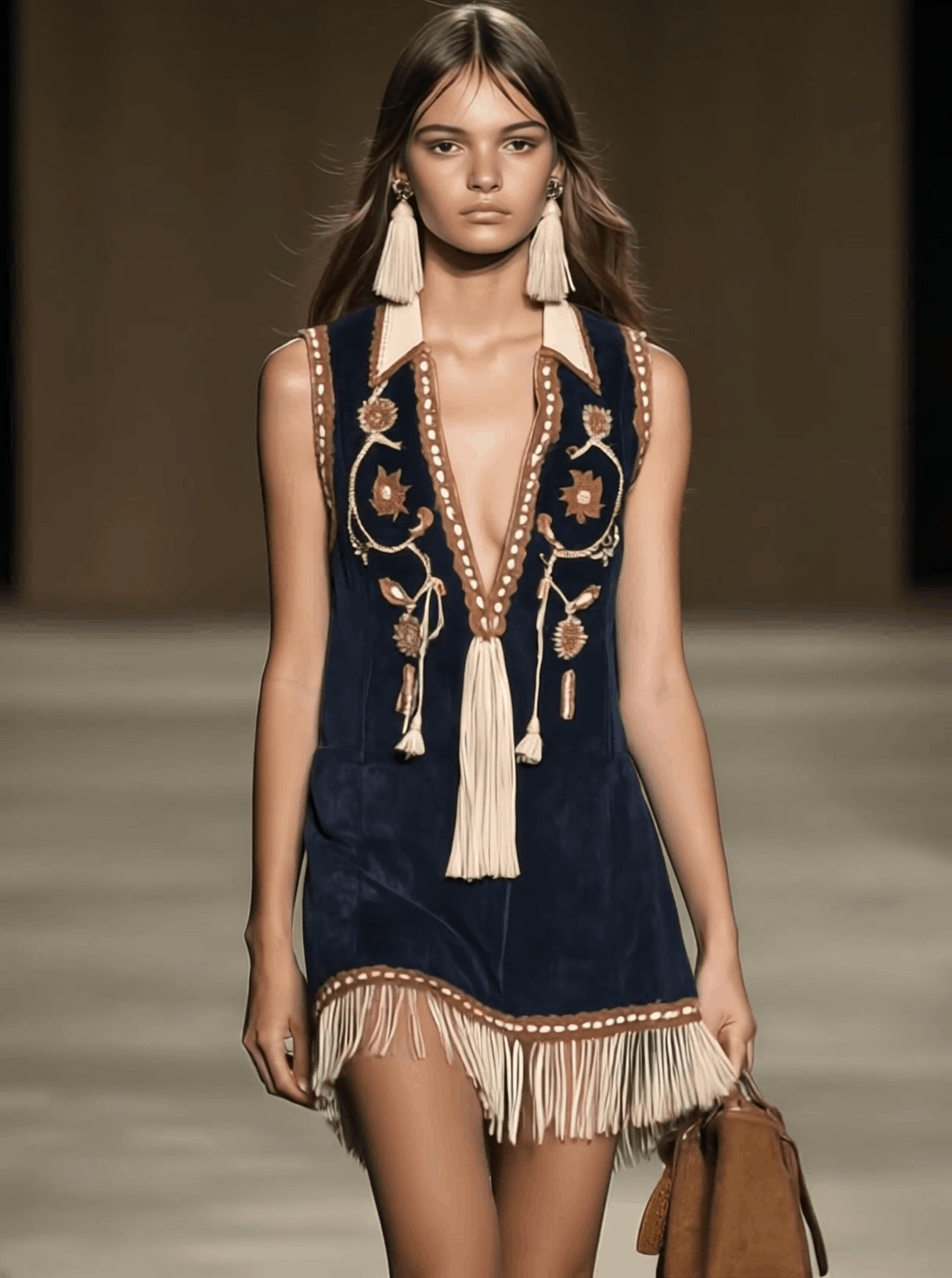 [24-hour shipping out]Casual Loose Vintage Suede Bohemian Embroidered Tassel Sleeveless Mini Dress
