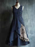 Elegant Lace Patchwork V Neck Linen Maxi Dress