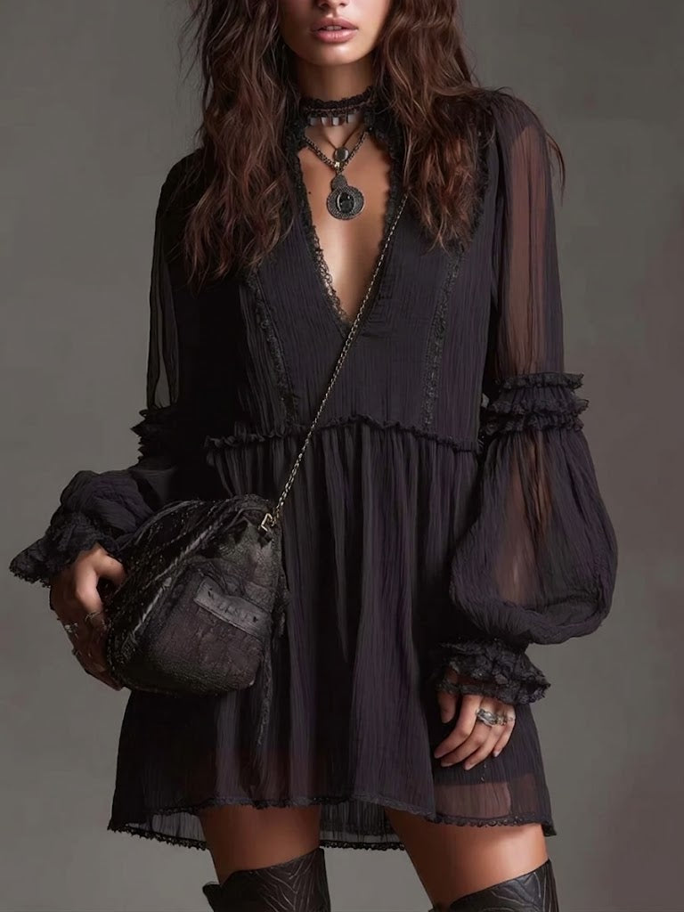 Bohemian-style Chiffon Dress With Lace Splicing