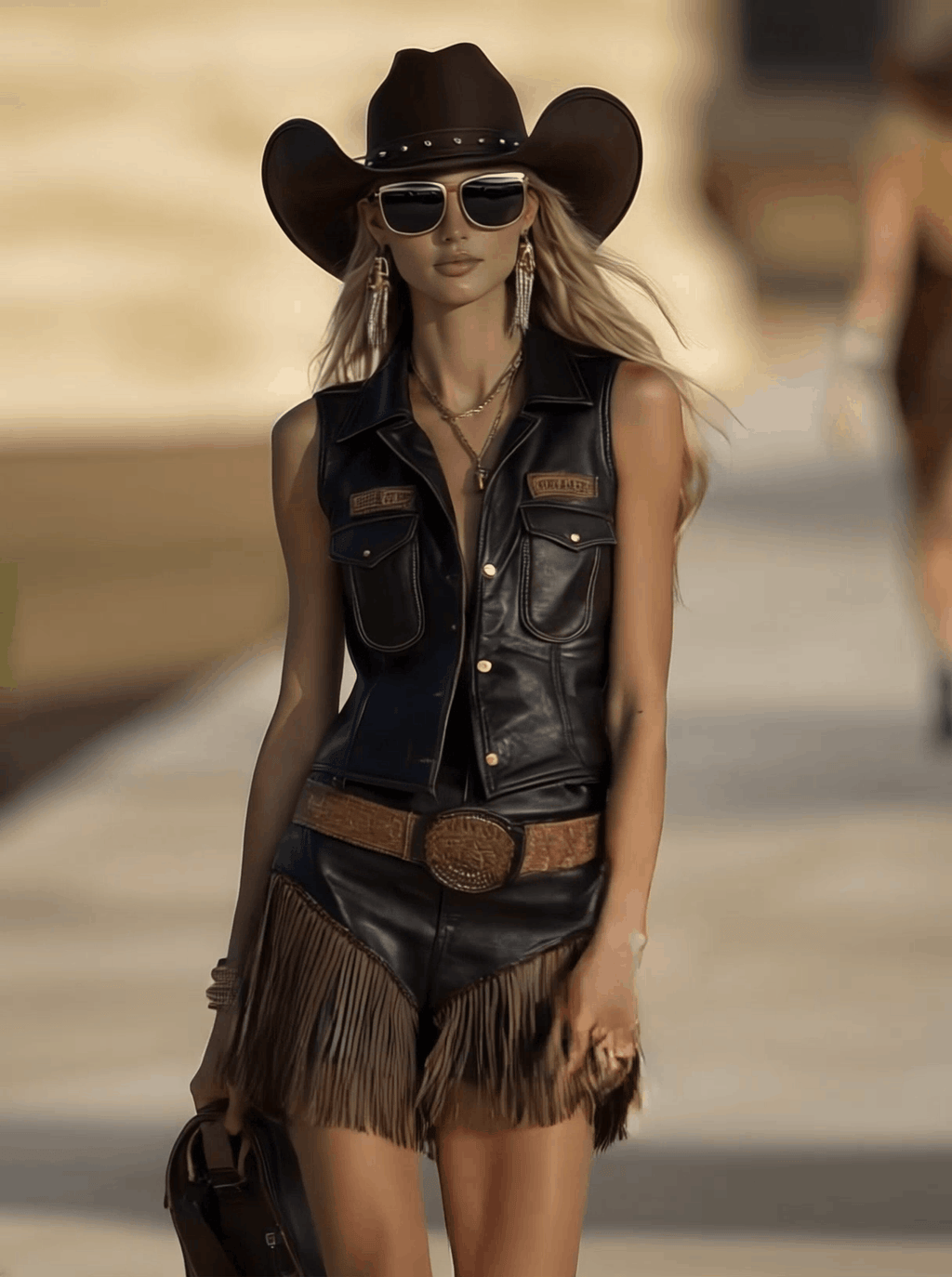 Vintage Western Dark Brown Distressed Leather V-Neck Vest And Tassel Shorts Set
