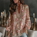 Women's Spring Floral Embroidered Art Print Flowy Linen Blend Casual Tops