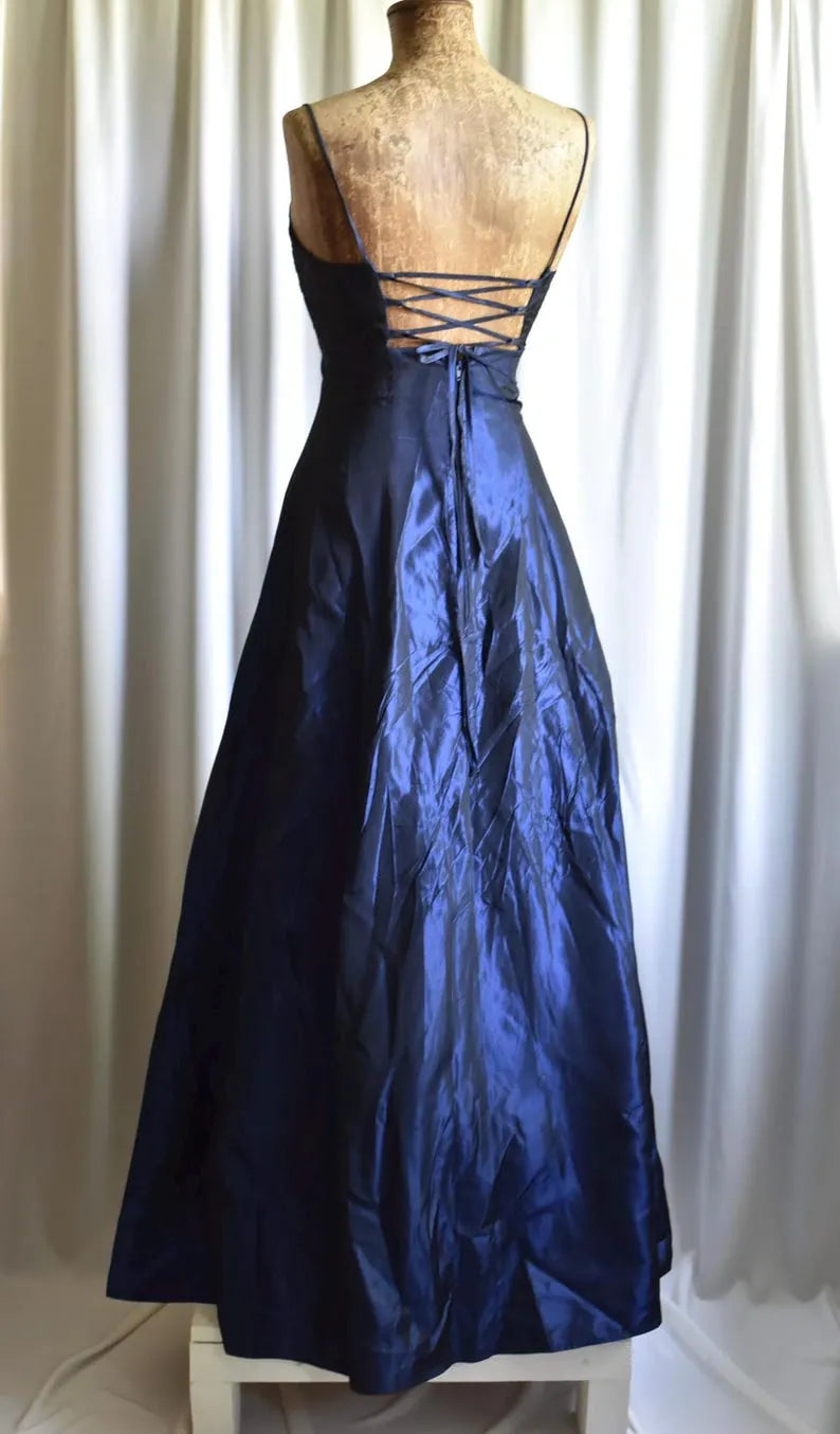 Royal Blue Metallic Y2K Vintage Empire Waist Floral Gothic Fantasy Fairycore Special Occasion Maxi Dress