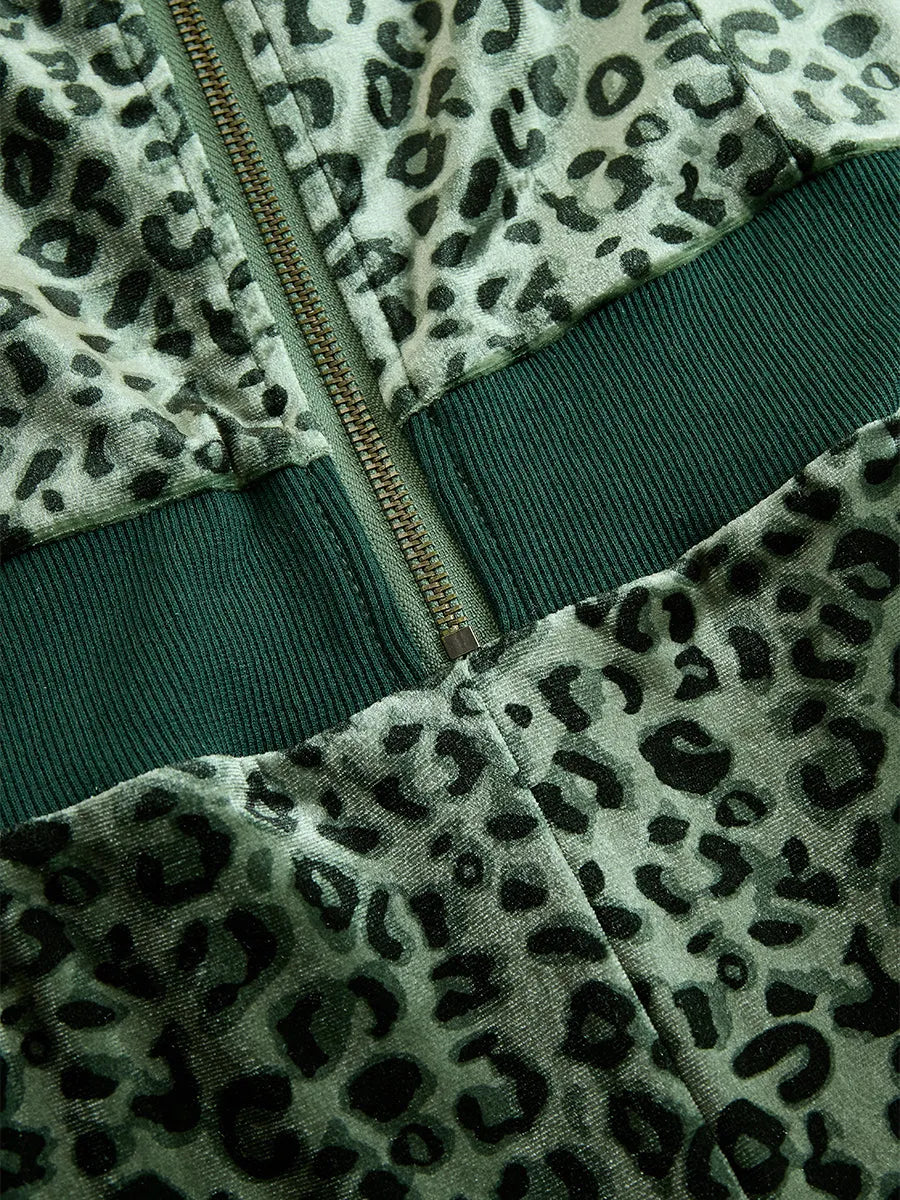 Retro Elegant Green Leopard Print Hooded Velvet Jumpsuit