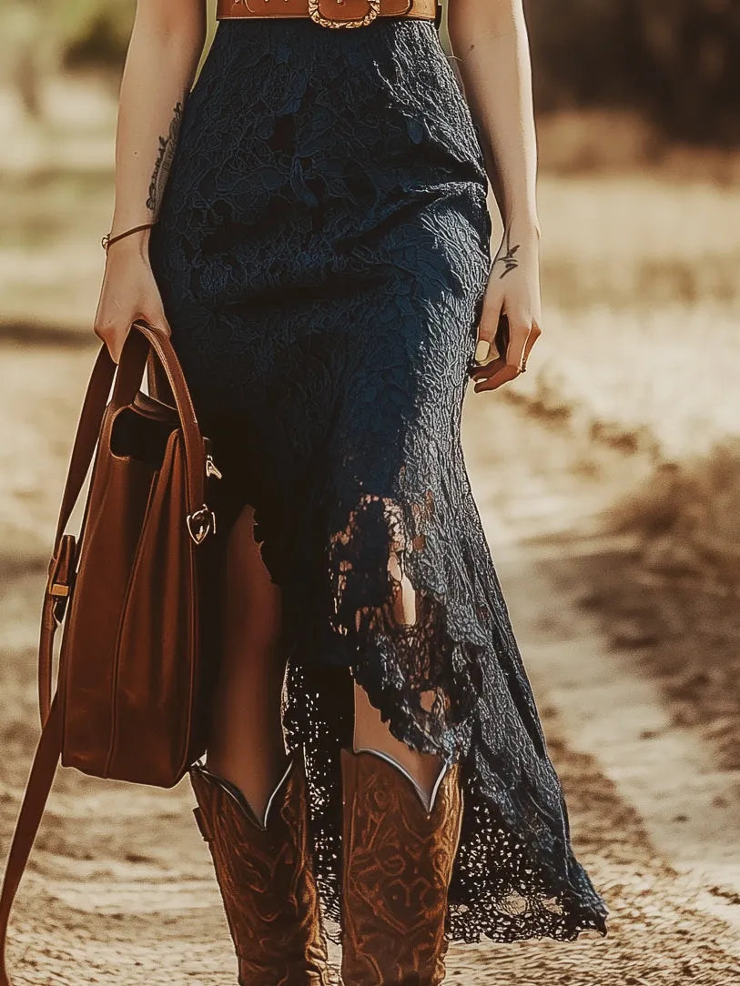 [24-hour shipping out]Vintage Bohemian Blue Lace Sleeveless Midi Dress