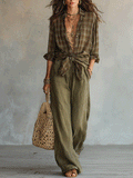 Casual Plaid Shirt And Pure Cotton Trousers Set