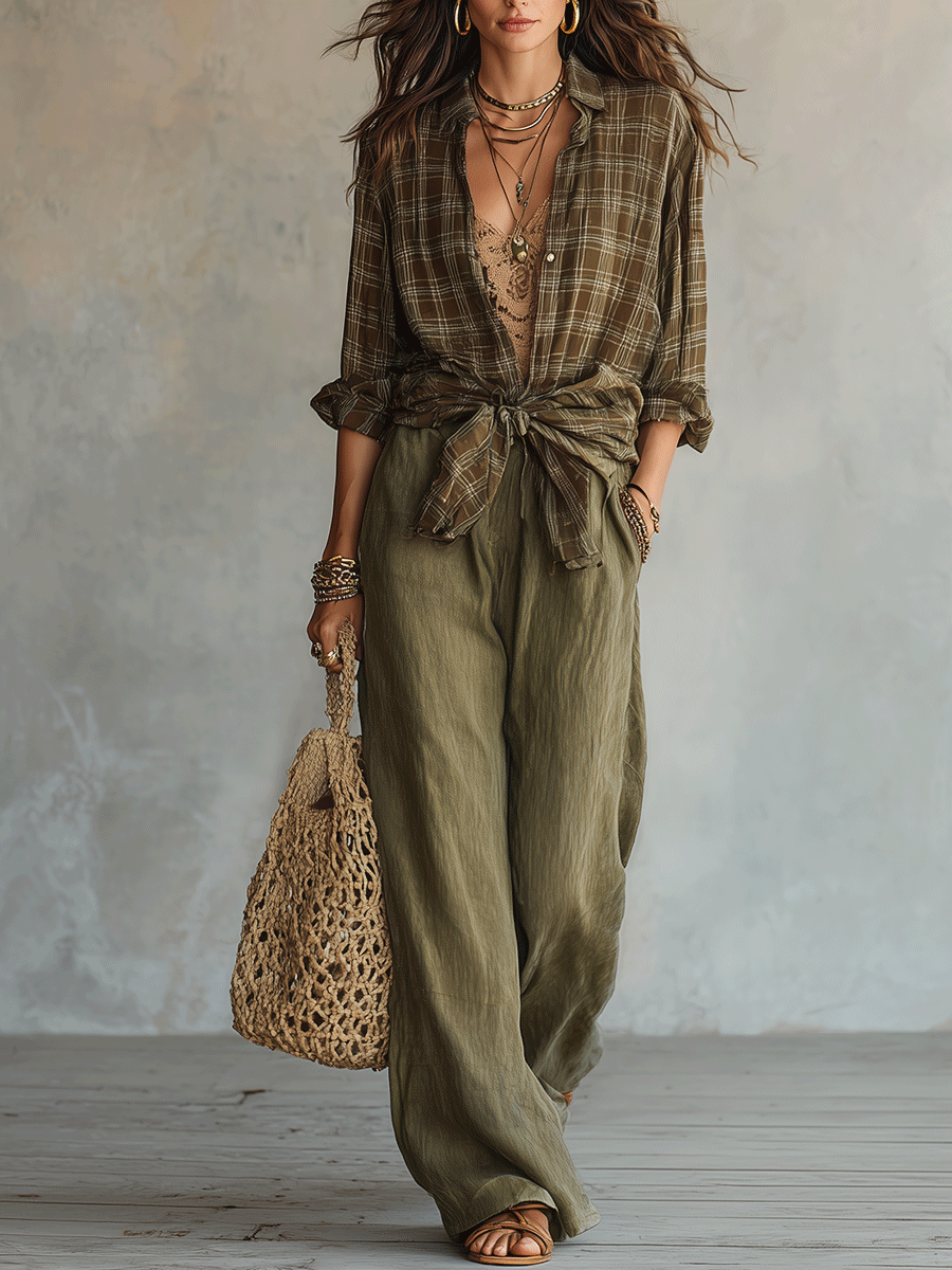 Casual Plaid Shirt And Pure Cotton Trousers Set
