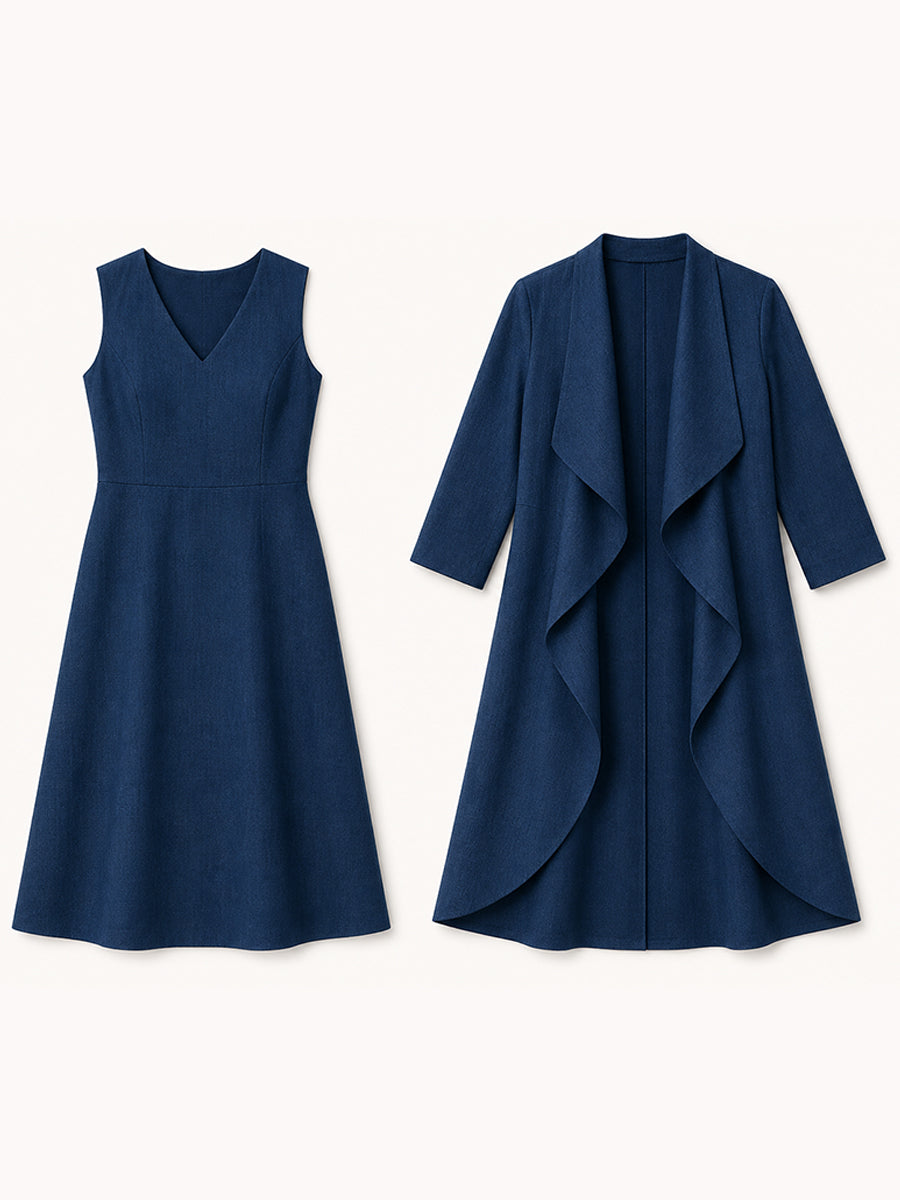 Two-Piece Set: Waterfall-Style Layered Cardigan-Effect Dress With Slim-Fit V-Neck Midi Dress