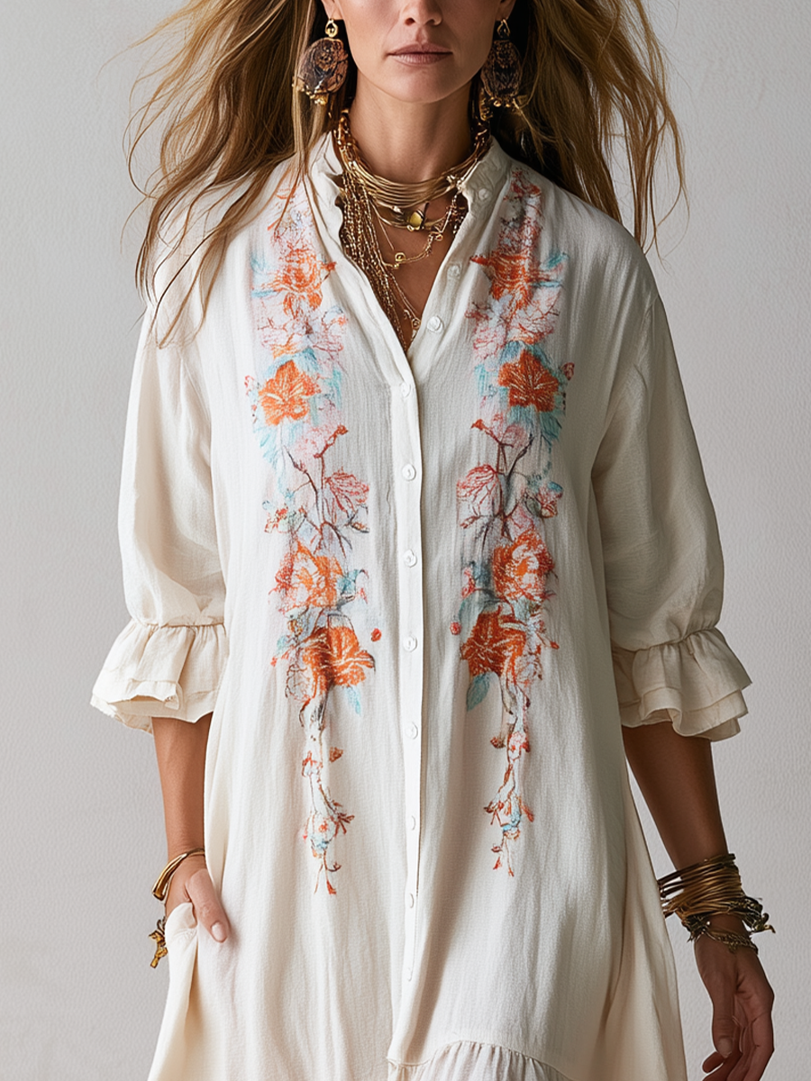 Bohemian Floral Embroidered Ruffle Sleeve Dress