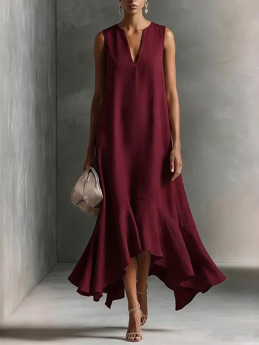 Women's Cotton-linen Deep V-neck And Asymmetrical Hem Elegant Slimming Sleeveless Dress