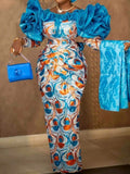 Fashion Floral Printed Ruffled Split-Joint Wrap Blue Maxi Dress