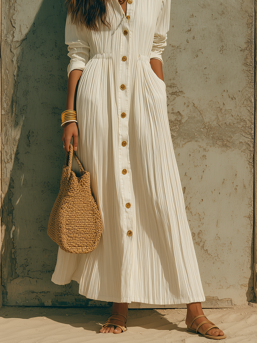 Minimalist Ivory Textured Long Sleeve Belted Midi Shirt Dress