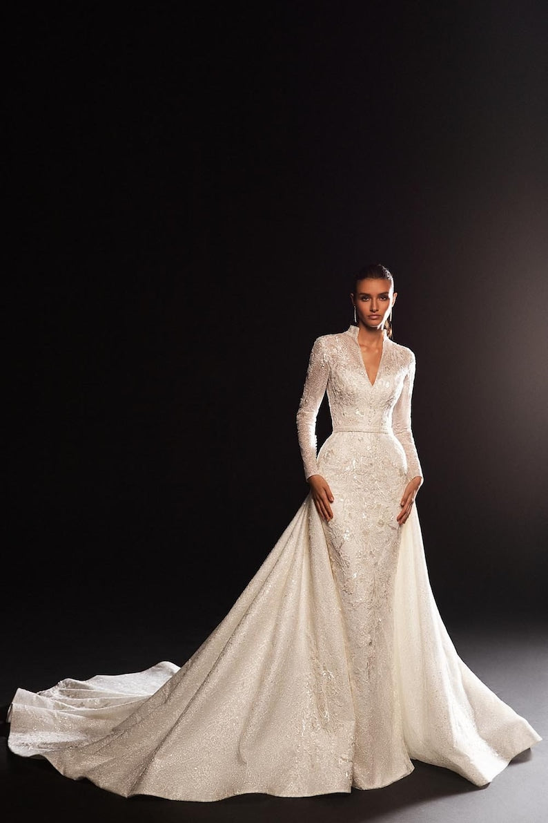 Mermaid wedding dress, V-neck high-neck long-sleeved wedding dress, two-in-one sparkling wedding dress
