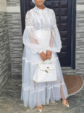 Round-Neck Puff Sleeve Lace Mesh Loose See-Through Elegant Maxi Dress