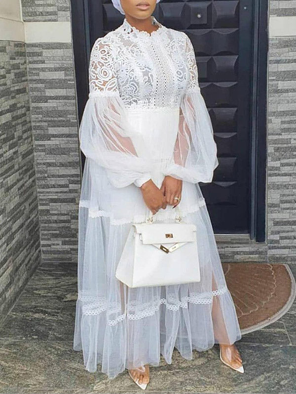 Round-Neck Puff Sleeve Lace Mesh Loose See-Through Elegant Maxi Dress