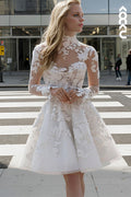 K2123 - Gorgeous & Charming Long Applique Sleeves A-line High Neck Mini Wedding Dress