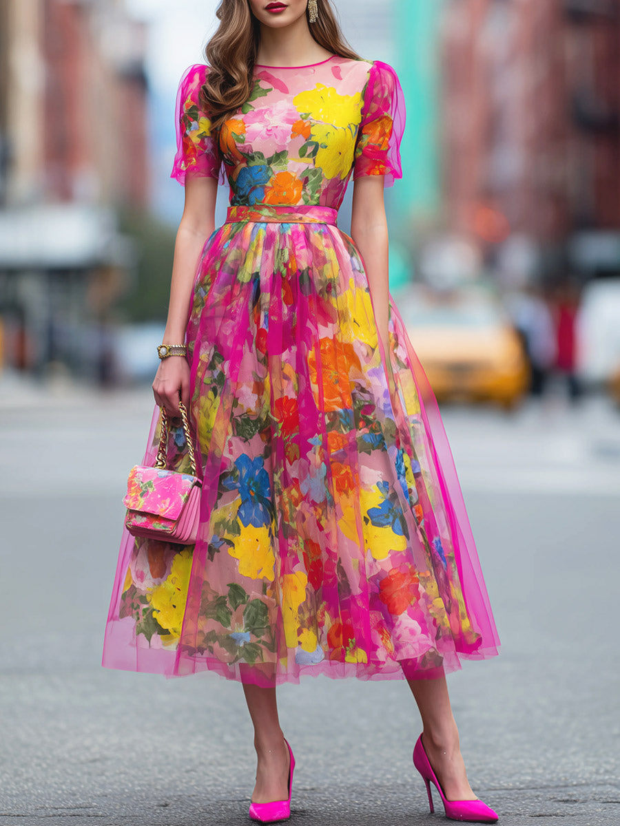 Women's Fashion Floral Art Print Casual Stylish Short Sleeve Comfortable Dress