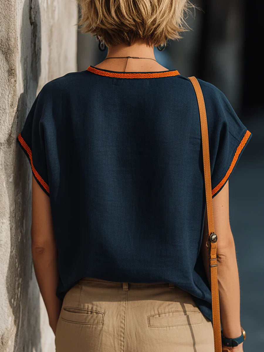 Women's V-neck Short-sleeve Casual Loose Cotton-linen Top