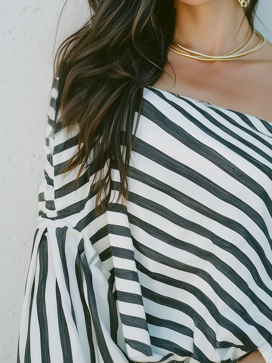 Chic Black White Off Shoulder Striped Blouse
