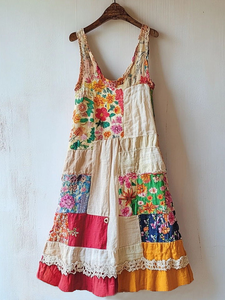 Boho Floral Pattern Patchwork Linen Blend Dress e79f