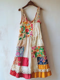 Boho Floral Pattern Patchwork Linen Blend Dress e79f