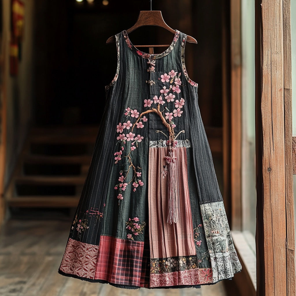 Women's Cherry Blossom Embroidery Patchwork Art Linen Tank Dress 815d