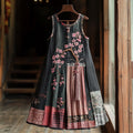 Women's Cherry Blossom Embroidery Patchwork Art Linen Tank Dress 815d