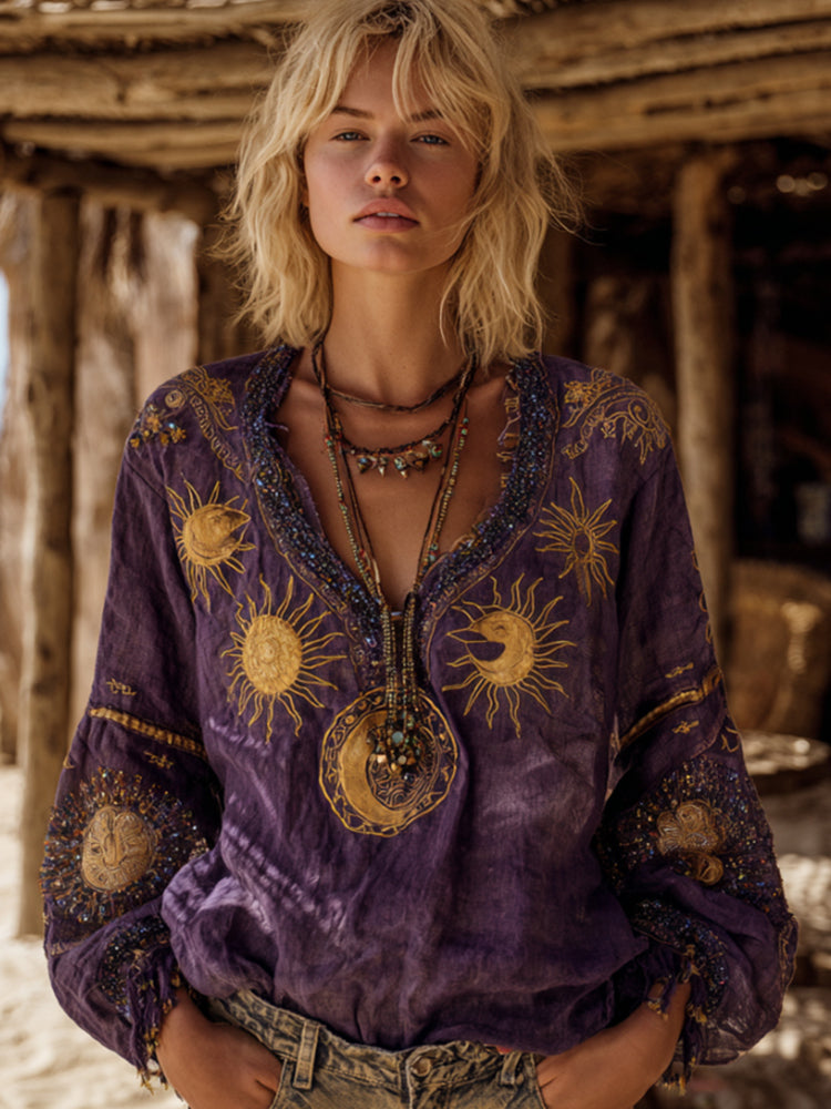 Mysterious Moon And Sun Tie-dye V-neck Embroidered Top