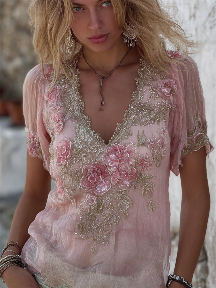 Boho Glitter Pink Roses Lace Flowy Linen Tunic