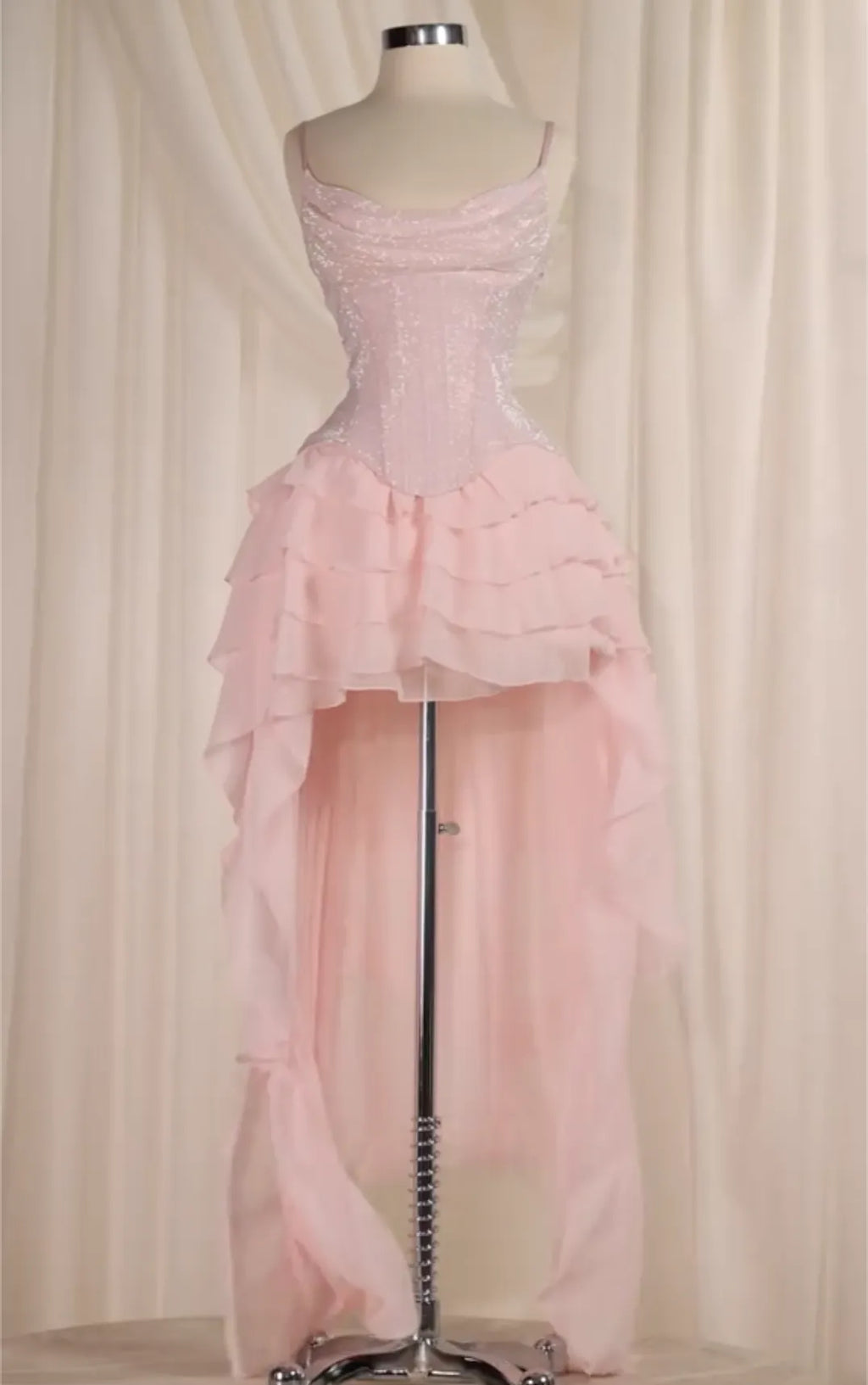 Pink Sequin Corset High-Low Chiffon Ruffle Dress with Lace-Up Back