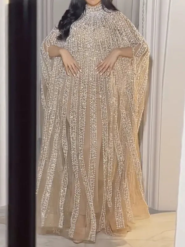 Paneled Shiny Long Sleeves V-neck Maxi Dresses