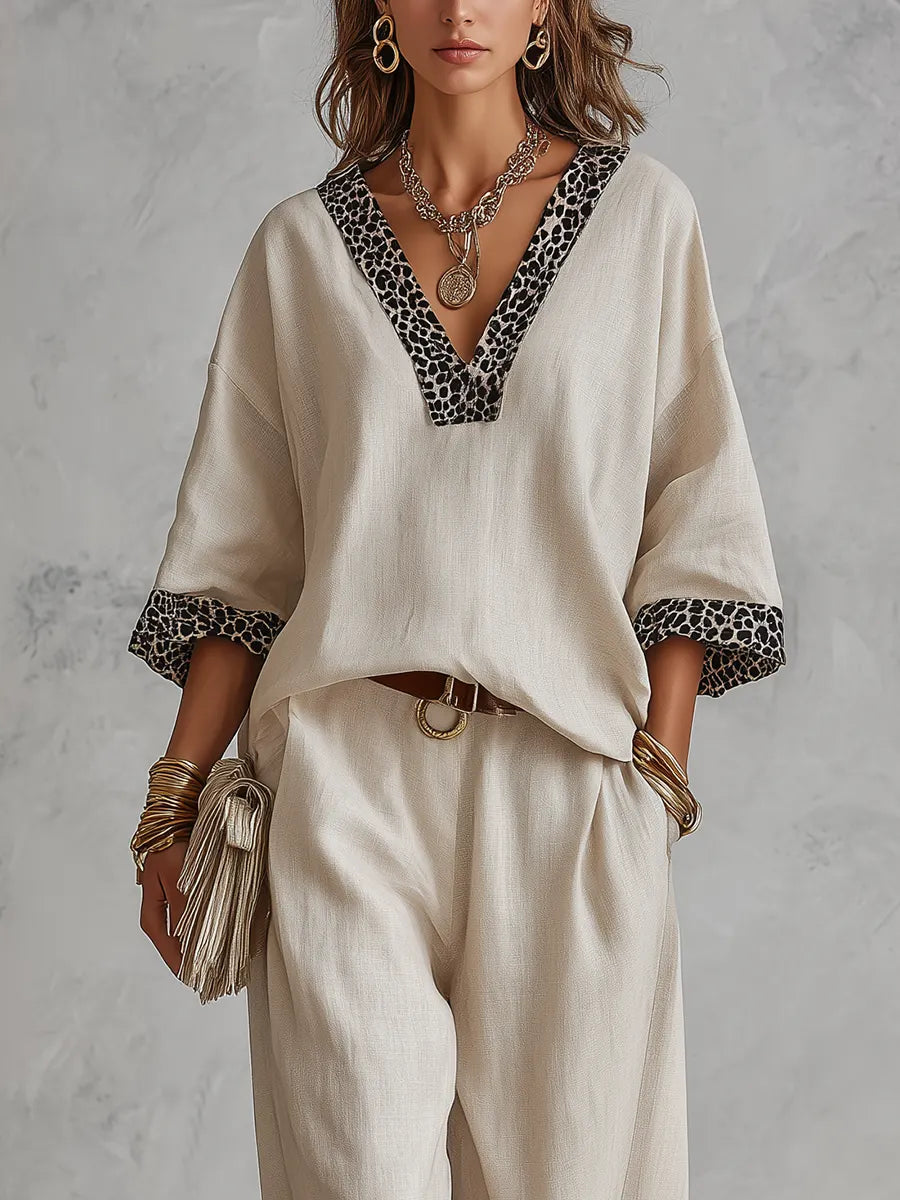 Bohemian Ivory Leopard Print Linen Set