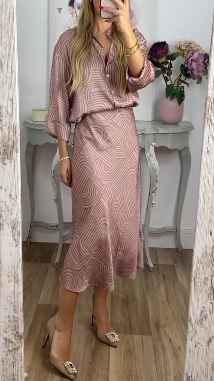 Geometric Print Shirt & Midi Skirt Co‑Ord Set