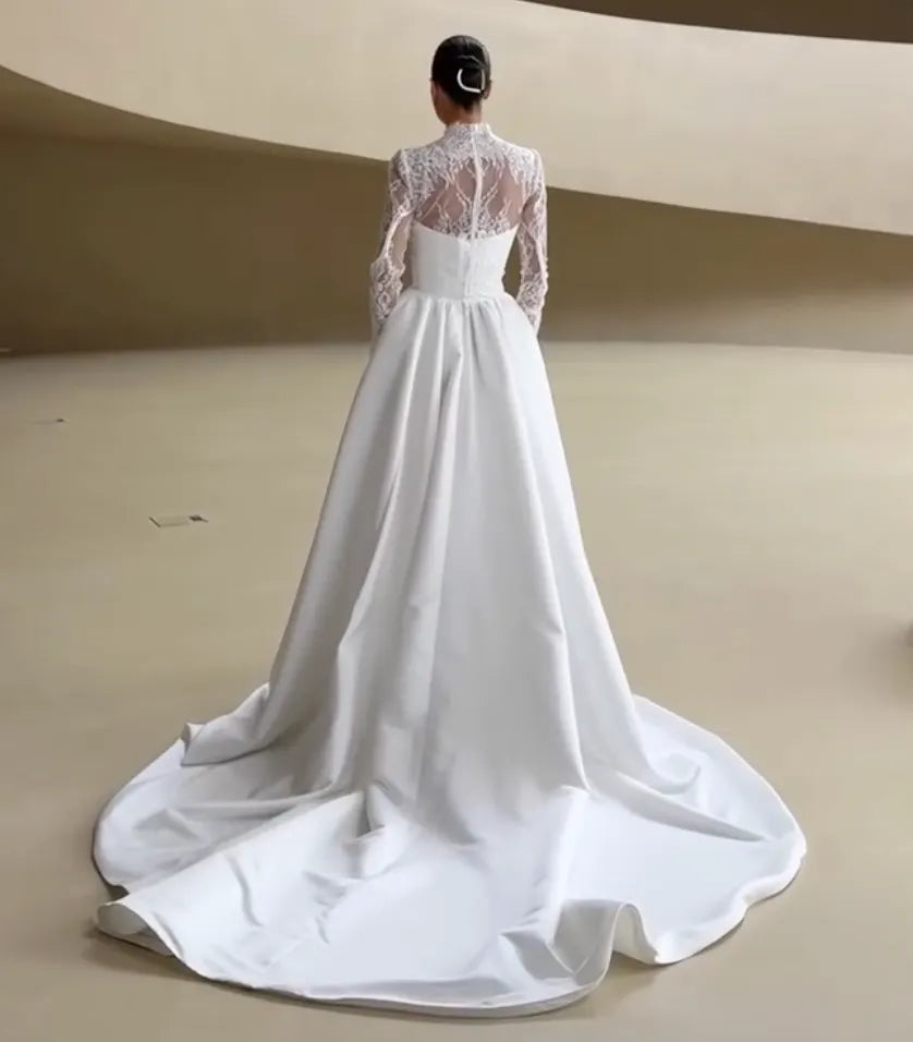 High Neck Long Sleeve Lace Satin A-Line Wedding Dress Modest Bridal Gown With Pockets & Train