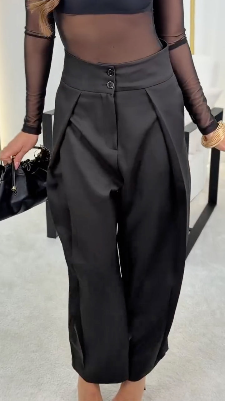 Black Sheer Mesh Long Sleeve Top & High Waist Tapered Pants Set