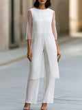 Two-Piece Set: Sheer-Sleeve Tunic Top & Wide-Leg Trousers