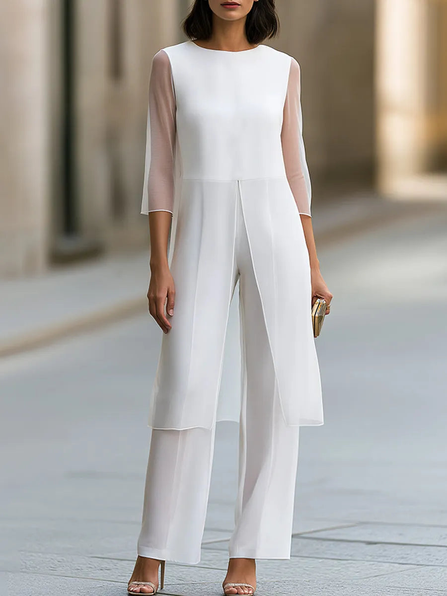 Two-Piece Set: Sheer-Sleeve Tunic Top & Wide-Leg Trousers