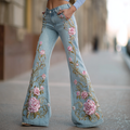 Bohemian Style Women's Plant Flower Embroidery Loose Fit Wide Leg Straight Leg Denim Long Pants
