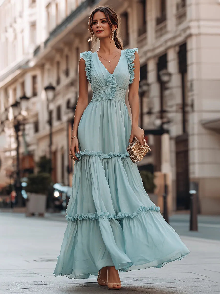 Ruffled V-Neck Sleeveless Tiered Maxi Dress With Flowing Silhouette