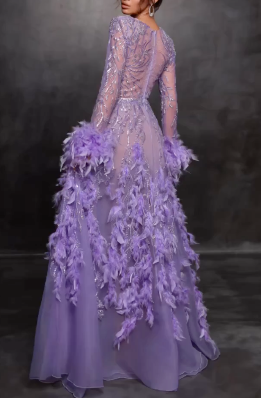 Glamorous Lavender Sheer Mesh Feather Trim Plunge V-Neck Maxi Dress