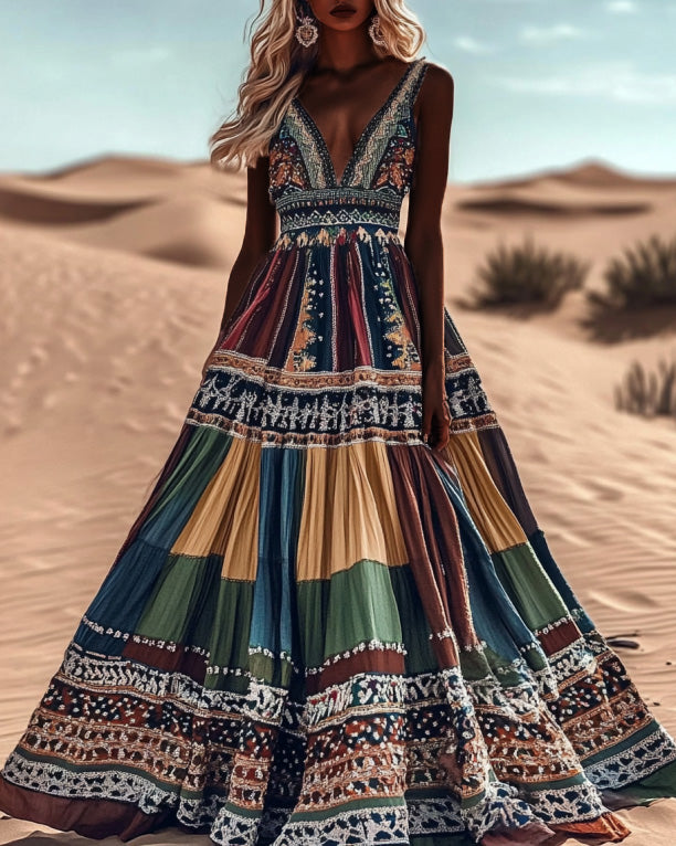 Women's Boho Geometry Art Color Block Sleeveless Maxi Dress
