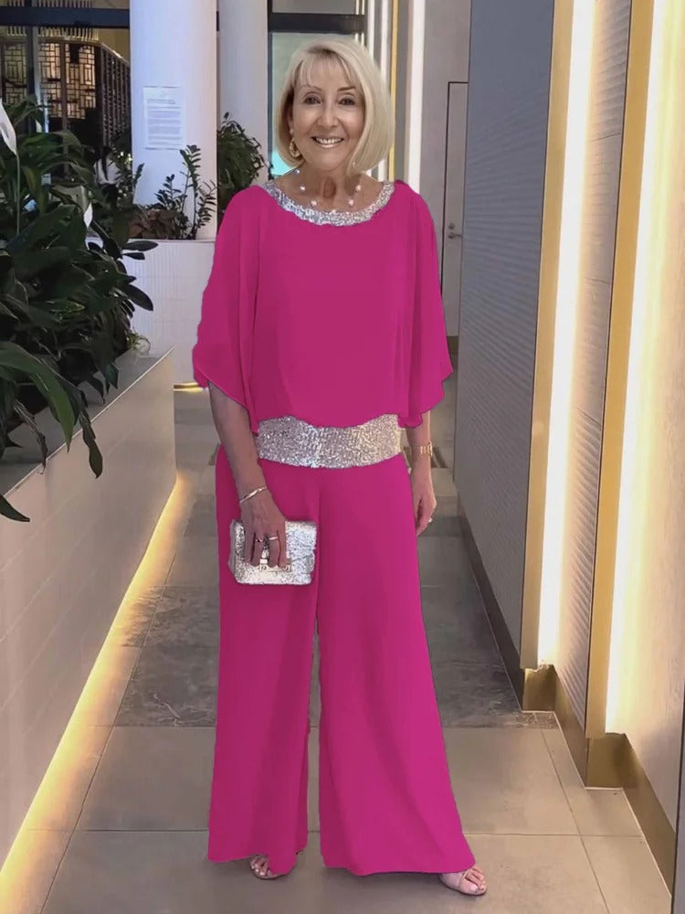 Shine Bright Pink Gorgeous Outfit with Sequins Wedding Tunic Party Suit  Chiffon Opaque Soft Fabric Two Piece Set