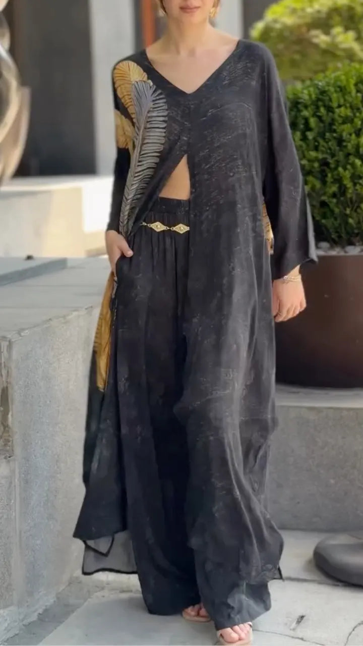 Print Cutout Long Sleeve Top & Wide Leg Pants Co‑Ord Set