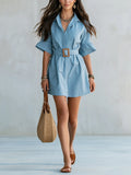 Refined Sky Blue Belted Shirt Mini Dress