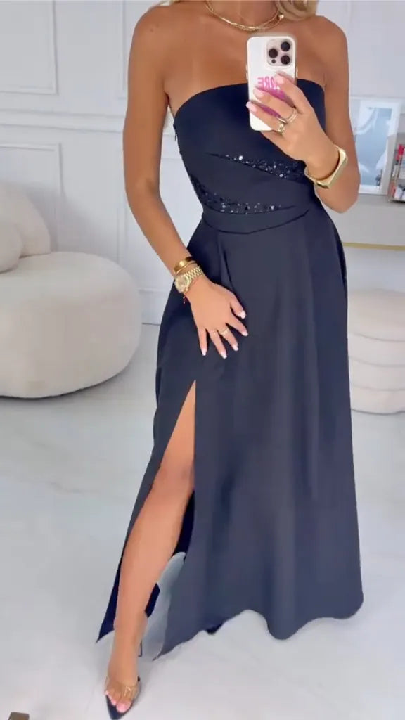 Black Sequin Strapless Maxi DressMidi Dress