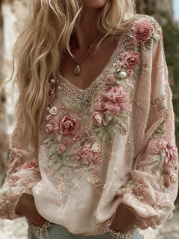 Women's Vintage Roses Embroidery Art V-neck Linen Blend Casual T-shirt